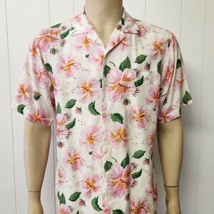 men's floral shirt M pink orange tropical rayon ss